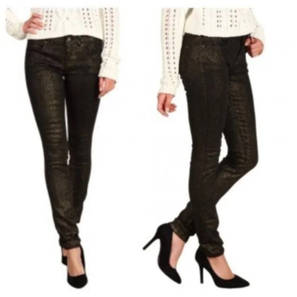 Free People Gold Leopard Print Jeans Y2K Denim Black Cheetah size 25 Stretch